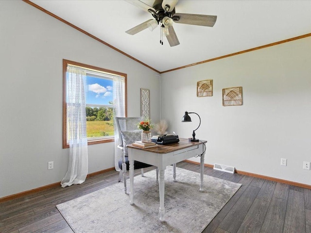 33498 175th St NE, Morrill Twp, MN 56329 - office area featuring lofted ceiling, wood finished floors, a ceiling fan, and ornamental molding