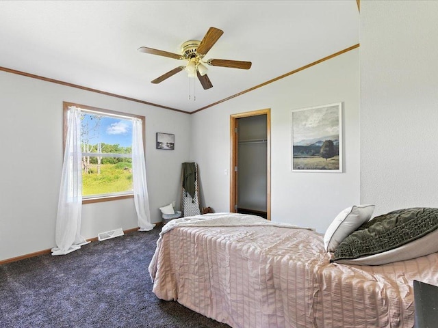 33498 175th St NE, Morrill Twp, MN 56329 - bedroom featuring dark carpet, ornamental molding, ceiling fan, and a closet