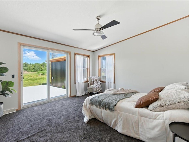 33498 175th St NE, Morrill Twp, MN 56329 - carpeted bedroom featuring access to outside, ornamental molding, lofted ceiling, and ceiling fan