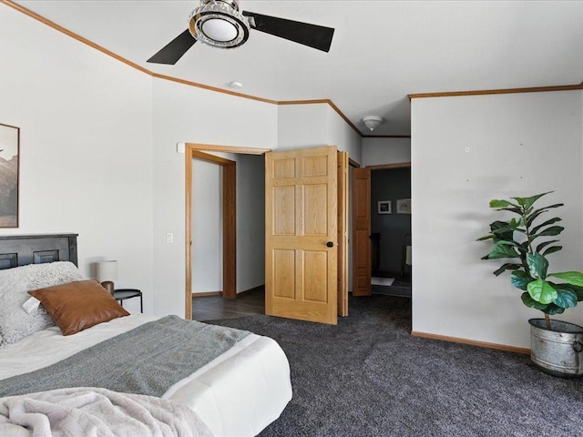 33498 175th St NE, Morrill Twp, MN 56329 - bedroom with dark carpet, ornamental molding, and a ceiling fan