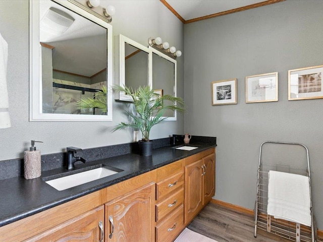 33498 175th St NE, Morrill Twp, MN 56329 - full bath with crown molding, double vanity, and wood finished floors