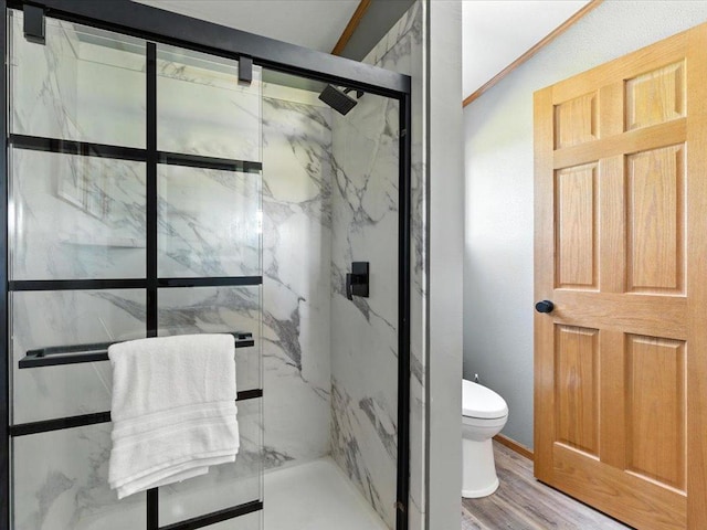 33498 175th St NE, Morrill Twp, MN 56329 - full bath featuring a marble finish shower and wood finished floors