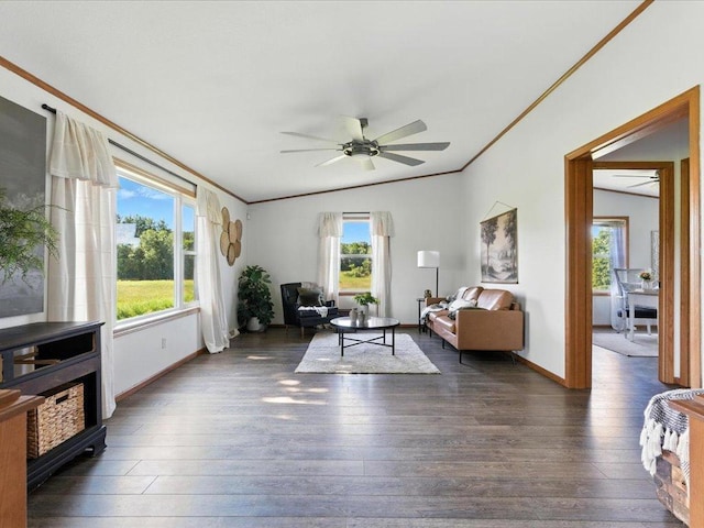 33498 175th St NE, Morrill Twp, MN 56329 - living room featuring vaulted ceiling, hardwood / wood-style floors, crown molding, and ceiling fan