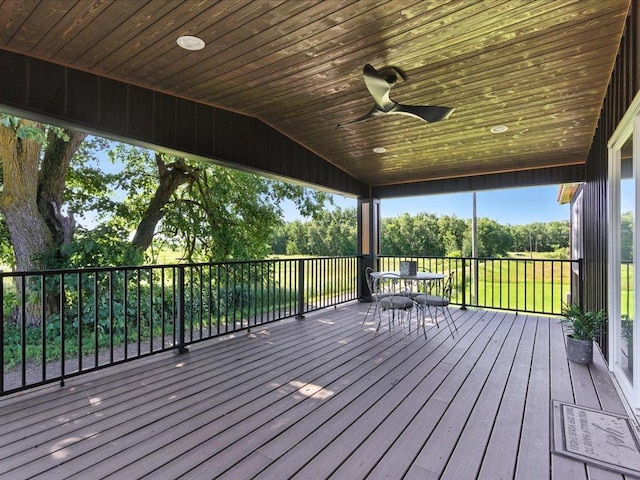 33498 175th St NE, Morrill Twp, MN 56329 - wooden deck featuring outdoor dining space, ceiling fan, and view of wooded area