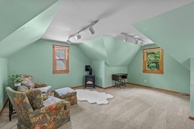 947 Stryker Ave W, Saint Paul, MN 55118 - living area with rail lighting, carpet floors, a wood stove, and lofted ceiling