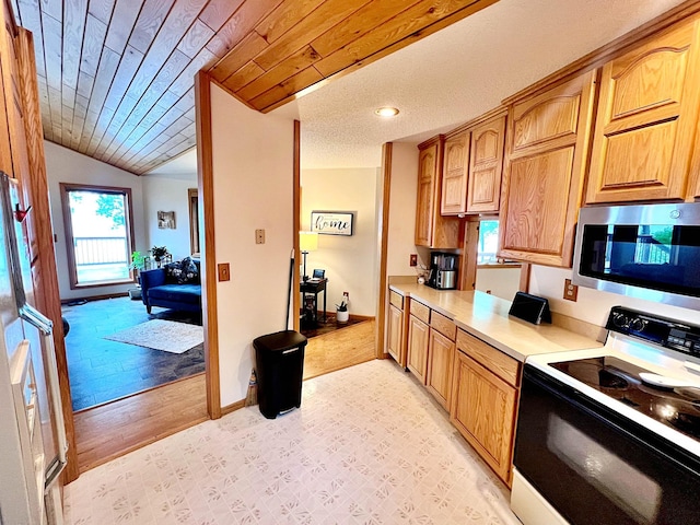 44512 276th Ln, Aitkin, MN 56431 - kitchen with range with electric stovetop, stainless steel microwave, healthy amount of natural light, light countertops, and wood ceiling