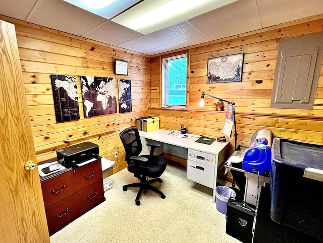 44512 276th Ln, Aitkin, MN 56431 - office space with electric panel, a paneled ceiling, and wood walls