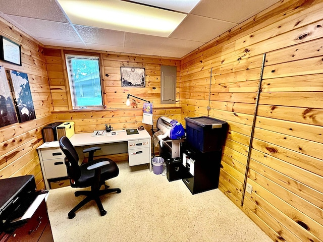 44512 276th Ln, Aitkin, MN 56431 - office with electric panel, a paneled ceiling, and wooden walls