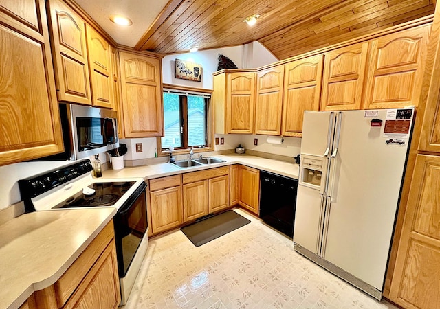44512 276th Ln, Aitkin, MN 56431 - kitchen with white refrigerator with ice dispenser, electric stove, dishwasher, wood ceiling, and stainless steel microwave