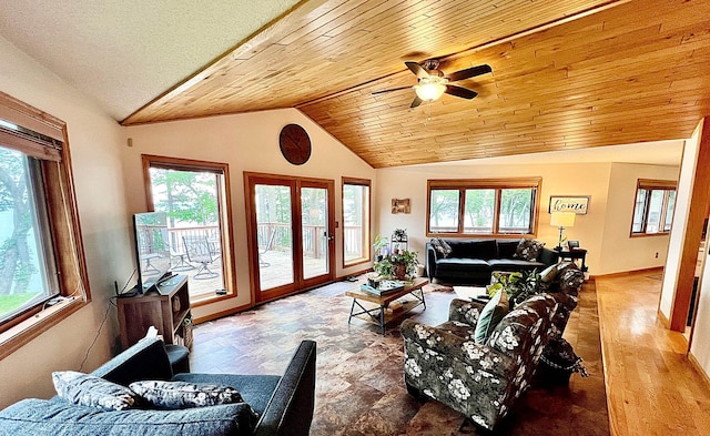 44512 276th Ln, Aitkin, MN 56431 - living area with healthy amount of natural light, ceiling fan, lofted ceiling, stone finish flooring, and wood ceiling