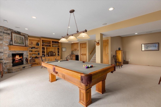 238 Muirfield Trl, Hudson, WI 54016 - recreation room with light carpet, a fireplace, recessed lighting, and pool table