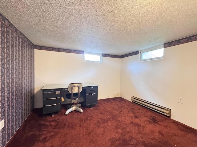 517 2nd St NW, Menahga, MN 56464 - home office with a baseboard heating unit, dark carpet, plenty of natural light, and a textured ceiling