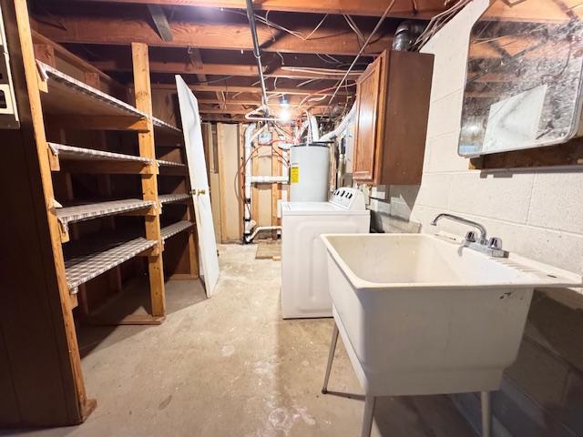 517 2nd St NW, Menahga, MN 56464 - unfinished below grade area featuring washer / dryer, water heater, and concrete block wall