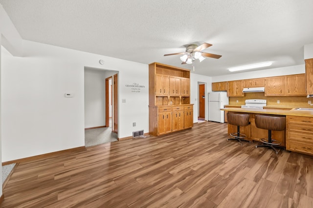 226 Ash Ave, Bird Island, MN 55310 - kitchen featuring freestanding refrigerator, ventilation hood, dark wood-style flooring, range with electric stovetop, and a textured ceiling