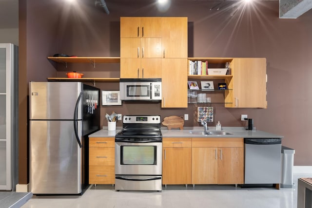 718 Washington Ave N Unit 612, Minneapolis, MN 55401 - kitchen featuring stainless steel appliances, open shelves, light countertops, and light brown cabinets