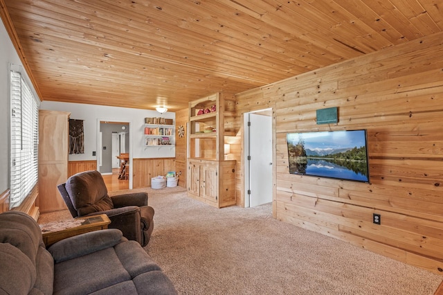 1015 Lake St N, Big Lake, MN 55309 - living room featuring wood walls, carpet flooring, and wooden ceiling