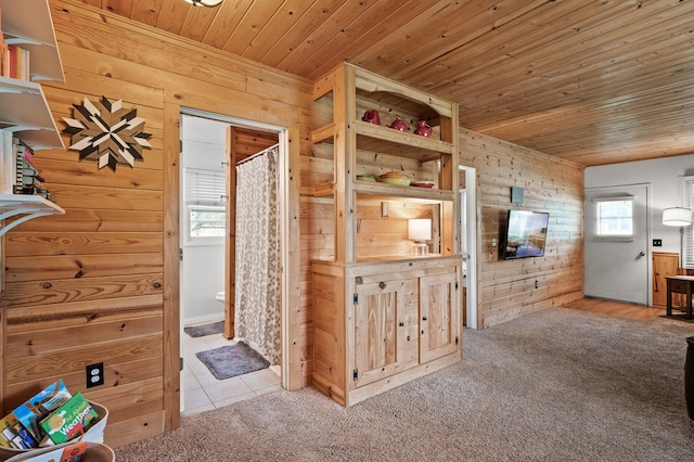 1015 Lake St N, Big Lake, MN 55309 - carpeted bedroom with wood ceiling, wooden walls, and connected bathroom