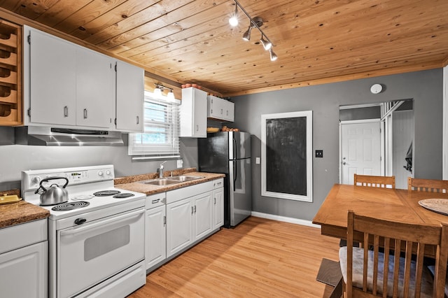 1015 Lake St N, Big Lake, MN 55309 - kitchen with white range with electric cooktop, under cabinet range hood, freestanding refrigerator, rail lighting, and wood ceiling