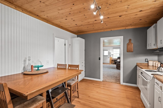 1015 Lake St N, Big Lake, MN 55309 - dining room with rail lighting, light wood finished floors, wooden ceiling, and ornamental molding