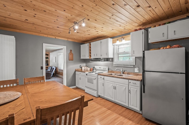 1015 Lake St N, Big Lake, MN 55309 - kitchen with freestanding refrigerator, white range with electric stovetop, wood ceiling, light wood finished floors, and track lighting