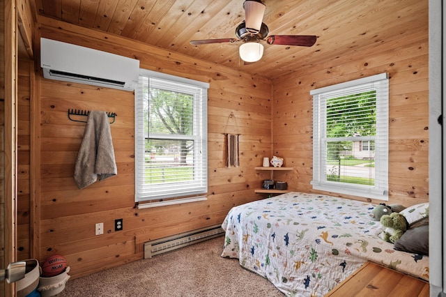 1015 Lake St N, Big Lake, MN 55309 - bedroom featuring a wall mounted AC, baseboard heating, multiple windows, carpet flooring, and wood ceiling