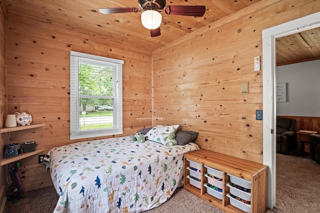 1015 Lake St N, Big Lake, MN 55309 - bedroom featuring carpet flooring, wooden ceiling, wooden walls, and ceiling fan