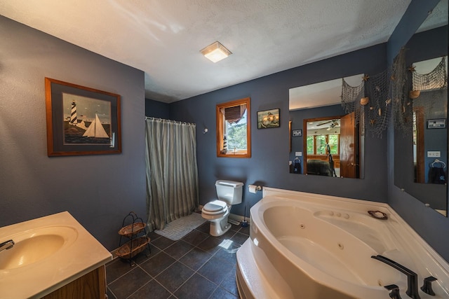 49227 US Highway 59, Dunn Twp, MN 56587 - full bathroom featuring a whirlpool tub, tile patterned floors, vanity, a shower with curtain, and a textured ceiling