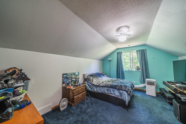 49227 US Highway 59, Dunn Twp, MN 56587 - bedroom featuring carpet floors, lofted ceiling, and a textured ceiling