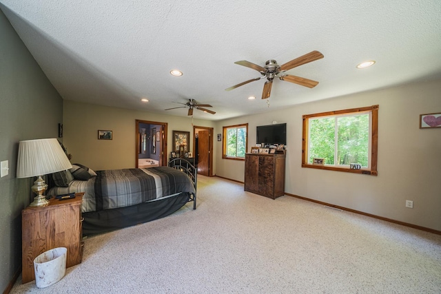 49227 US Highway 59, Dunn Twp, MN 56587 - bedroom featuring light carpet, recessed lighting, a textured ceiling, and a ceiling fan
