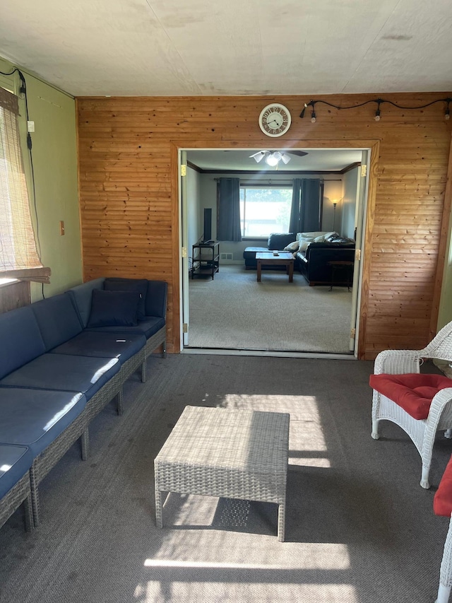 1307 20th St W, Hastings, MN 55033 - carpeted living area featuring wood walls and a ceiling fan