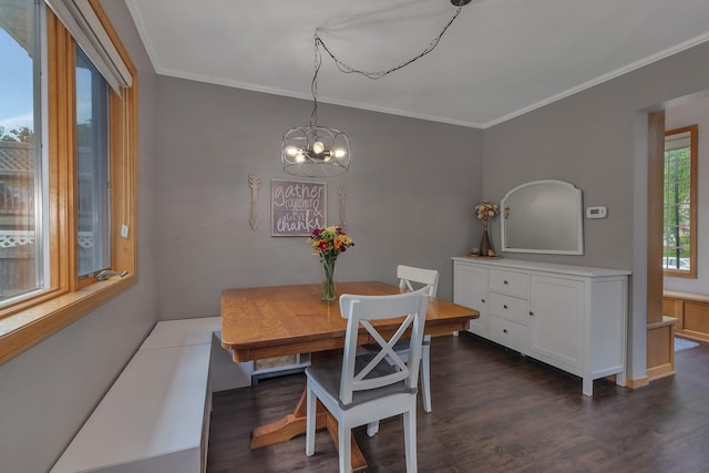 504 3rd St N, Sartell, MN 56377 - dining space with ornamental molding, a chandelier, and dark wood-style flooring