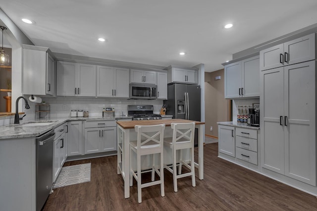 504 3rd St N, Sartell, MN 56377 - kitchen with stainless steel appliances, tasteful backsplash, dark wood-style flooring, light stone countertops, and recessed lighting