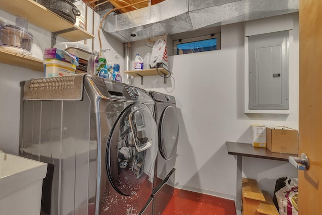 504 3rd St N, Sartell, MN 56377 - laundry area featuring electric panel and washing machine and clothes dryer