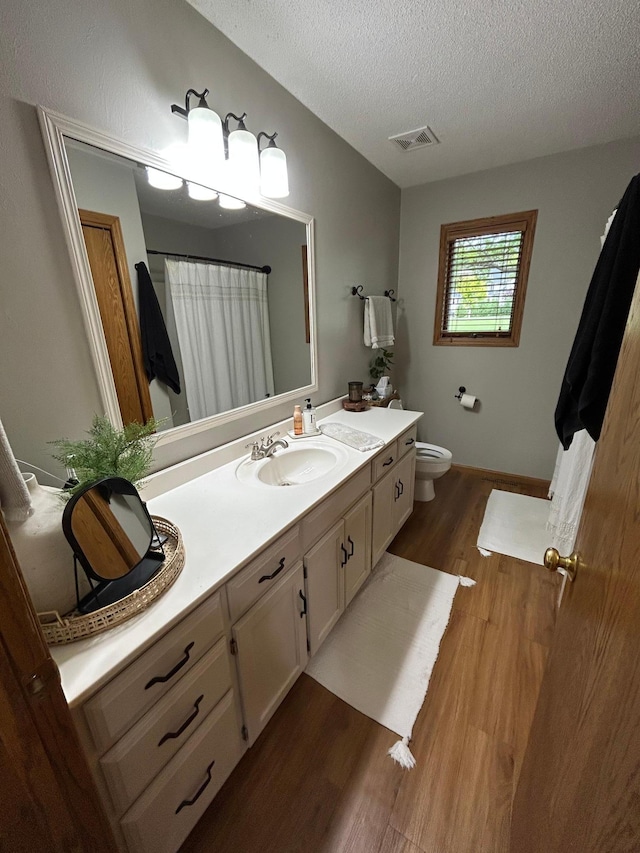 605 Park Island Dr SW, Hutchinson, MN 55350 - bathroom with wood finished floors, vanity, a textured ceiling, and a shower with curtain
