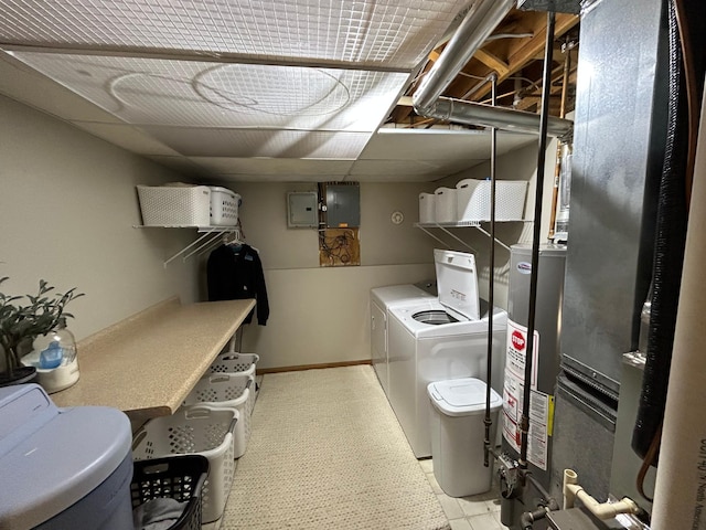 605 Park Island Dr SW, Hutchinson, MN 55350 - washroom featuring washing machine and clothes dryer, gas water heater, electric panel, and light flooring