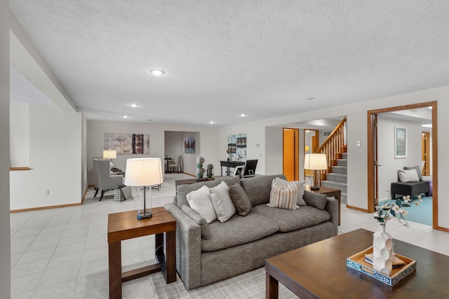 19800 Stephan Dr, Minnewaska Twp, MN 56381 - living room featuring stairway, light tile patterned floors, recessed lighting, and a textured ceiling