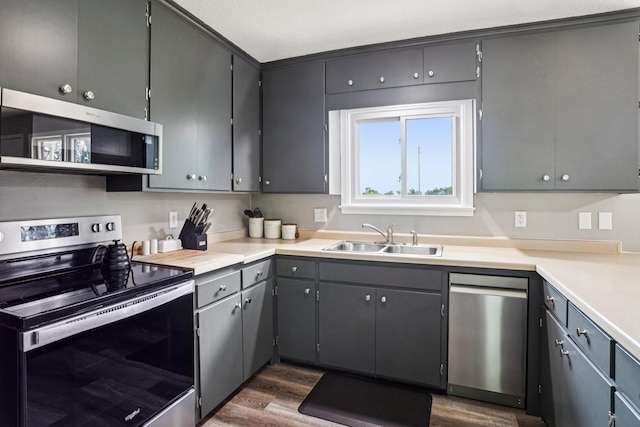 559 State Highway 35, East Farmington, WI 54020 - kitchen with stainless steel appliances, dark wood finished floors, light countertops, and gray cabinets