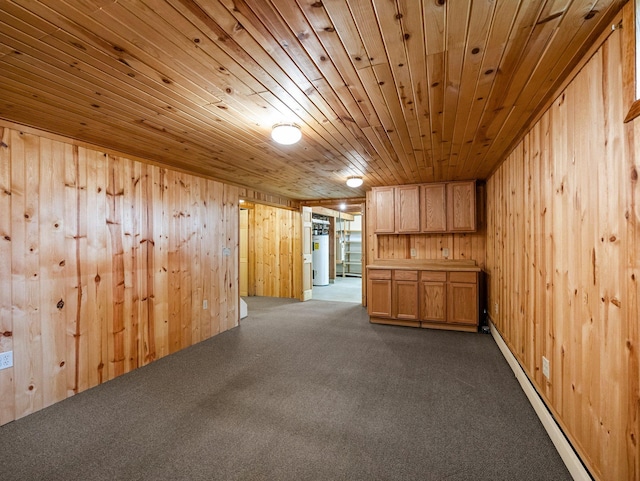 8545 70th St NW, Annandale, MN 55302 - unfurnished room featuring wood walls, dark carpet, a baseboard radiator, wood ceiling, and electric water heater