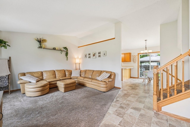 608 Frontier Cir, Belle Plaine, MN 56011 - living room featuring a chandelier, stairway, and lofted ceiling