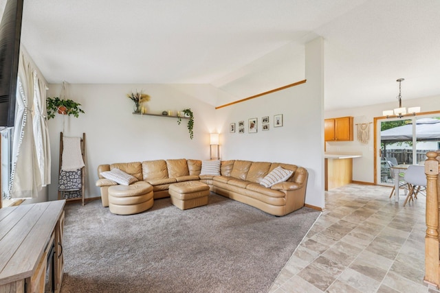 608 Frontier Cir, Belle Plaine, MN 56011 - living area featuring a chandelier and vaulted ceiling