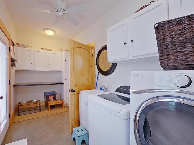 6828 Rhoades Ave SW, Cokato, MN 55321 - laundry area featuring cabinet space, washer and dryer, and ceiling fan