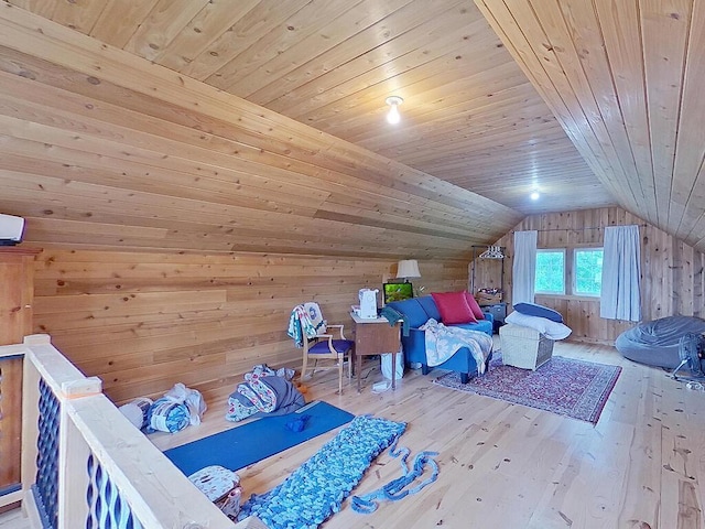 6828 Rhoades Ave SW, Cokato, MN 55321 - bedroom featuring wood walls, vaulted ceiling, wooden ceiling, and hardwood / wood-style floors