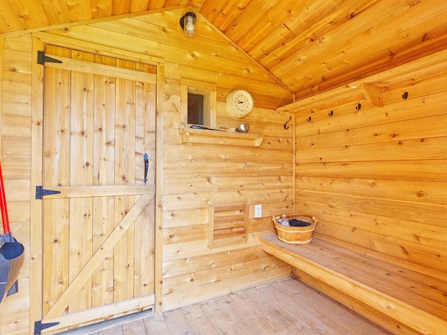6828 Rhoades Ave SW, Cokato, MN 55321 - sauna / steam room featuring wood ceiling, hardwood / wood-style flooring, and wooden walls