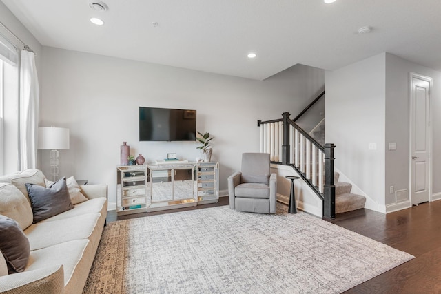 8312 Jonquil Ln N, Maple Grove, MN 55369 - living room with stairway, dark wood-style flooring, and recessed lighting