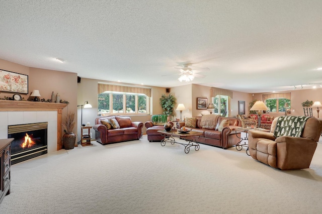 2301 170th Ln NW, Andover, MN 55304 - living area featuring carpet flooring, a fireplace, a ceiling fan, plenty of natural light, and a textured ceiling