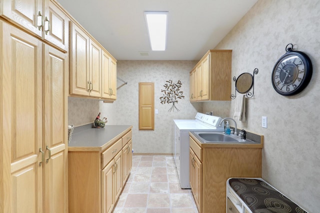 2301 170th Ln NW, Andover, MN 55304 - washroom with independent washer and dryer, cabinet space, and wallpapered walls
