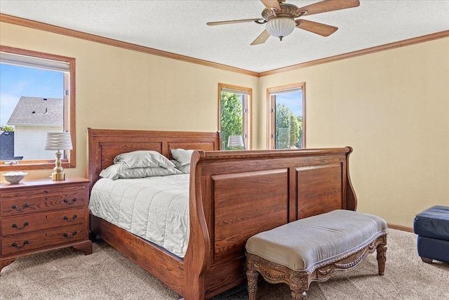 1111 Woods Creek Dr, Delano, MN 55328 - bedroom with light colored carpet, crown molding, a textured ceiling, and a ceiling fan
