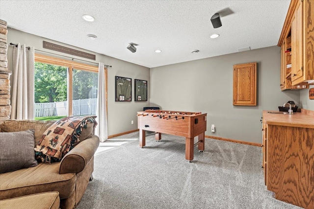 1111 Woods Creek Dr, Delano, MN 55328 - rec room with light colored carpet, a textured ceiling, and recessed lighting