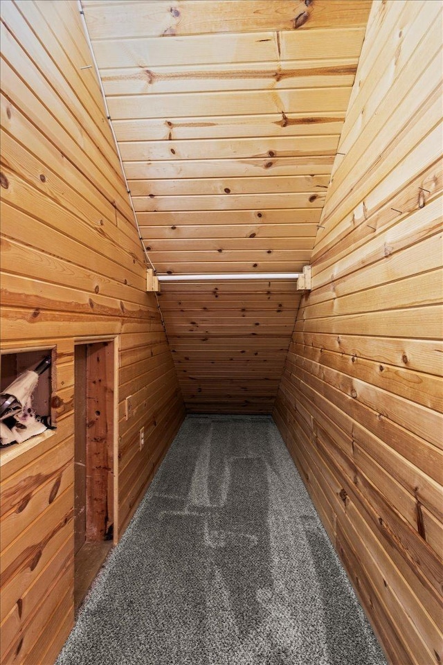 1111 Woods Creek Dr, Delano, MN 55328 - additional living space with wooden walls, vaulted ceiling, wood ceiling, carpet floors, and a sauna