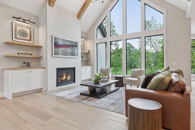 4864 148th Ave, Ham Lake, MN 55304 - living area featuring high vaulted ceiling, light wood finished floors, healthy amount of natural light, a fireplace, and built in shelves